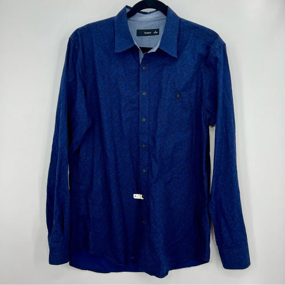 Bossini Men Long Sleeve Dress Shirt Top Floral Leaf Navy Blue Button XL 180/96B - Picture 1 of 9